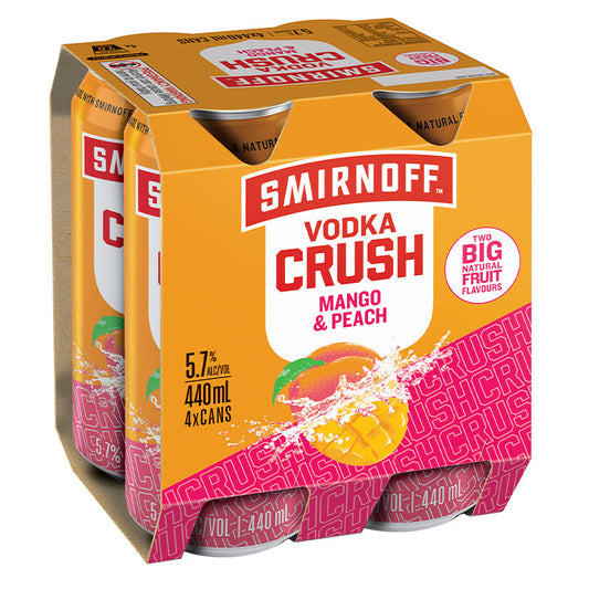 Smirnoff Vodka Crush Mango & Peach 440ml cans 4pk 5.7%